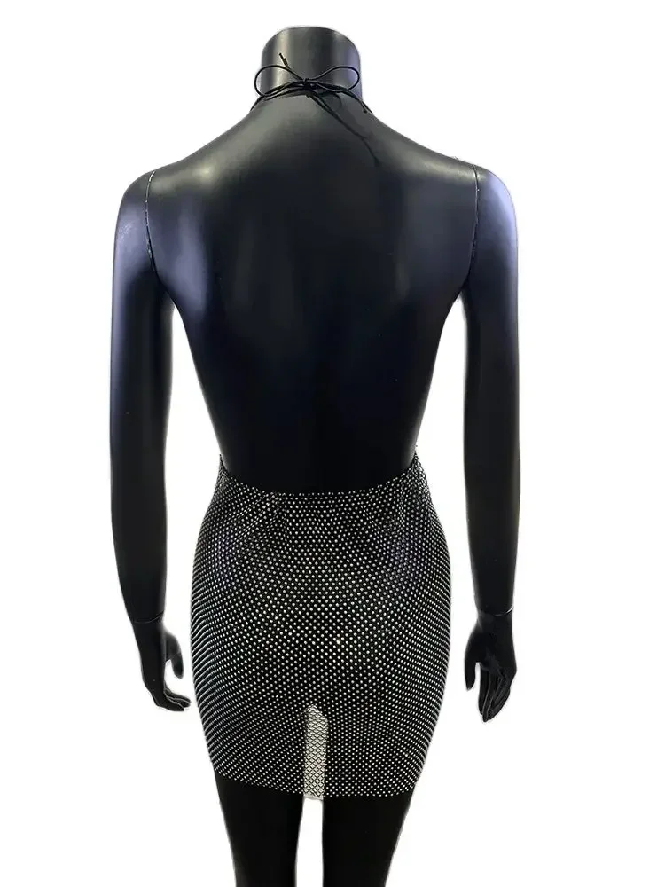 Sexy Luxus Abend party Kleider für Frauen rücken frei V-Ausschnitt ärmel los durchsichtig Mesh Diamant glänzend Cocktail Mini kleid