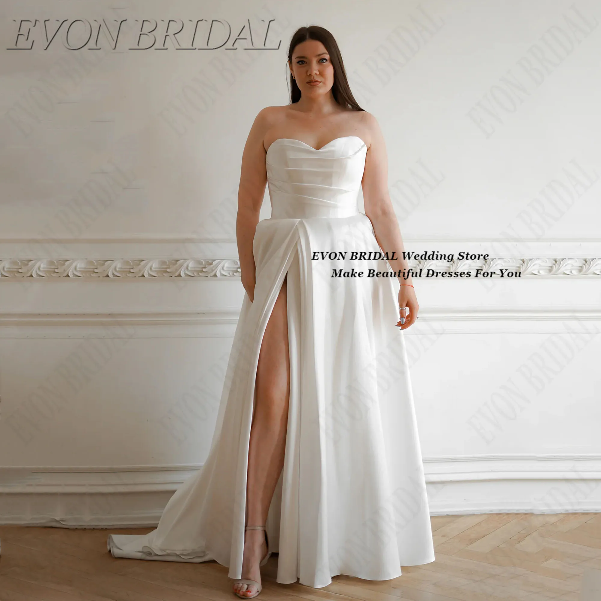 

Sweetheart Satin Wedding Dress Modern A-Line Simple Civil Bridal Gowns Beach Floor Length Plus Size Bride Dresses EVON BRIDAL
