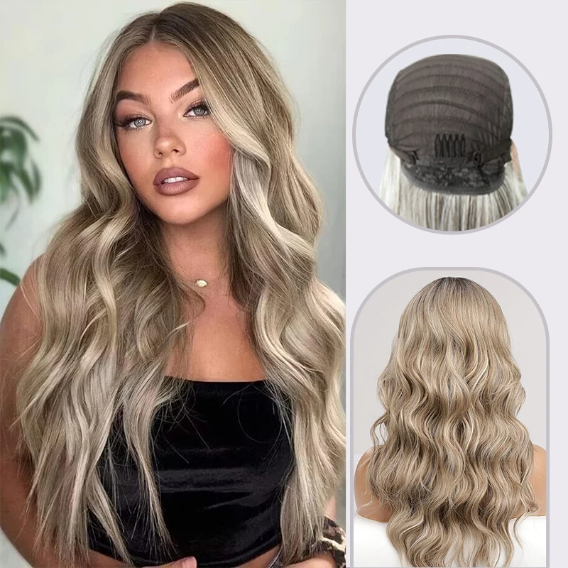 

Long Ombre Ash Blonde with Highlight Lace Front Wigs for Women,Lace Wigs Natural Wavy Middle Parting Synthetic Wigs