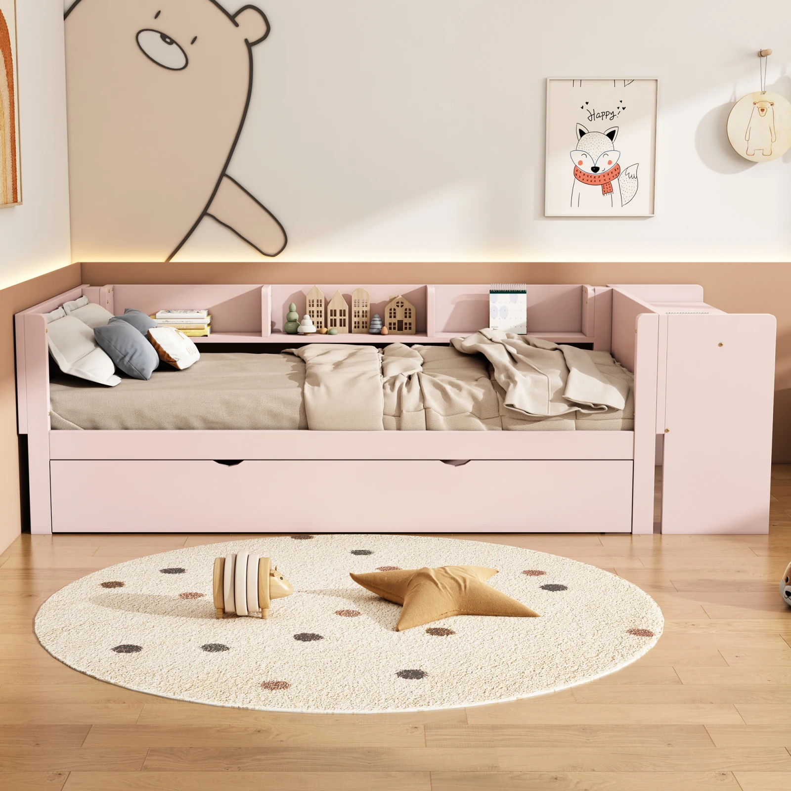 Comanlai Letto piatto 90 x 200 cm, con letto estraibile, con scrivania, tre ripiani sul lato del letto, rosa