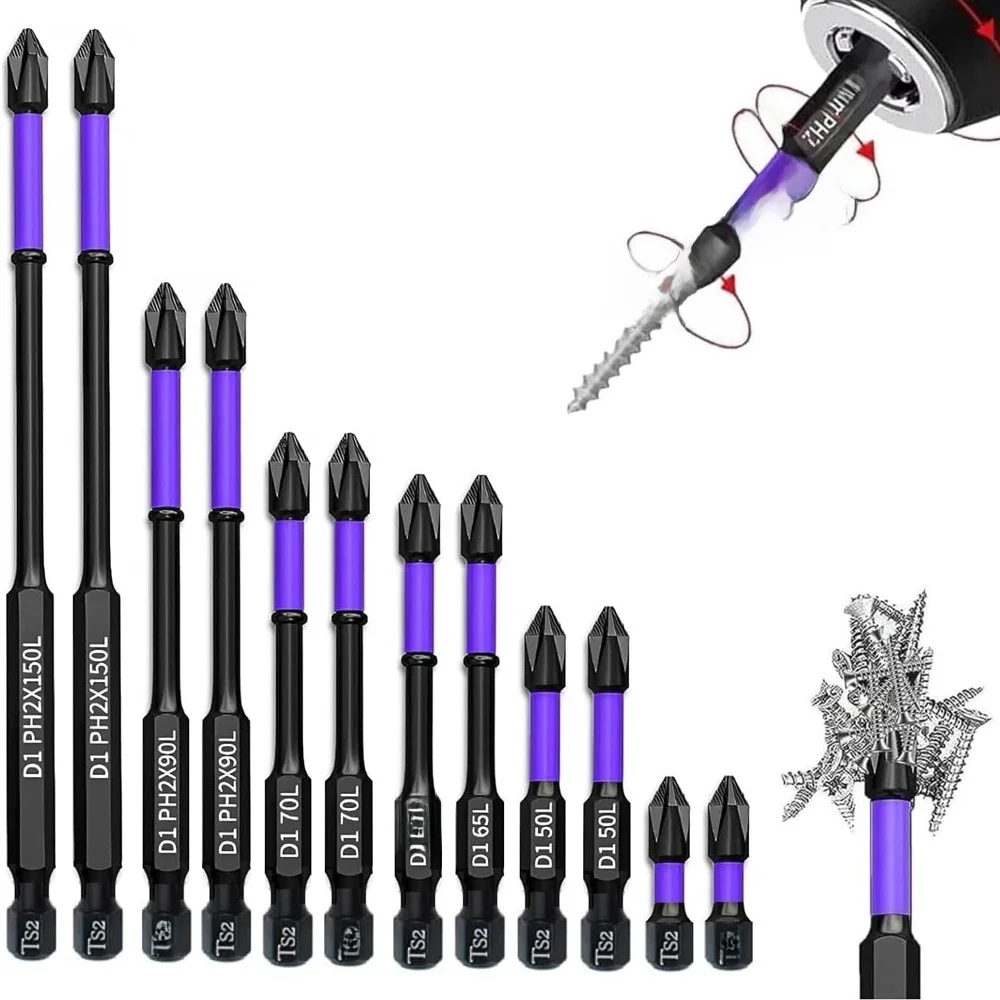 Tête de lot magnétique Anti-choc D1, embouts à Impact antidérapants de haute dureté, jeu de tournevis Ph2 croisés 25/50/65/70/90/150mm