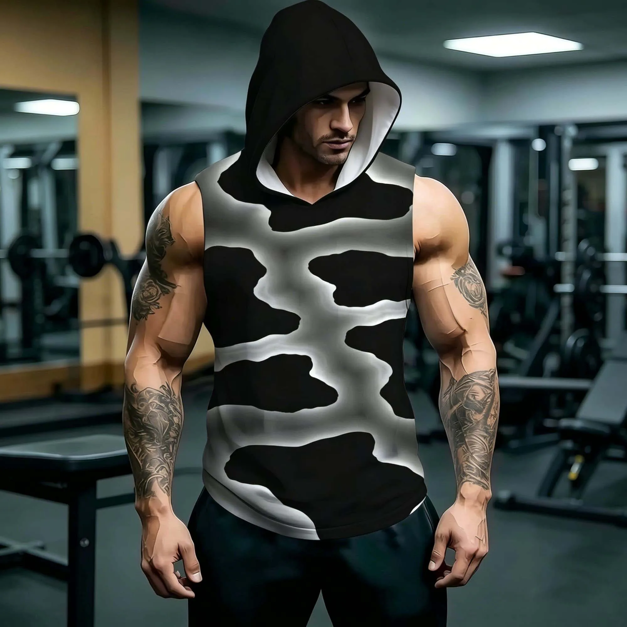 Sommer Herren Ärmelloses Kapuzen-Tanktop Schwarz Weiß Camo-Print Atmungsaktives Fitness-Workout-Oberteil Streetwear Trainings-Kapuzenshirt