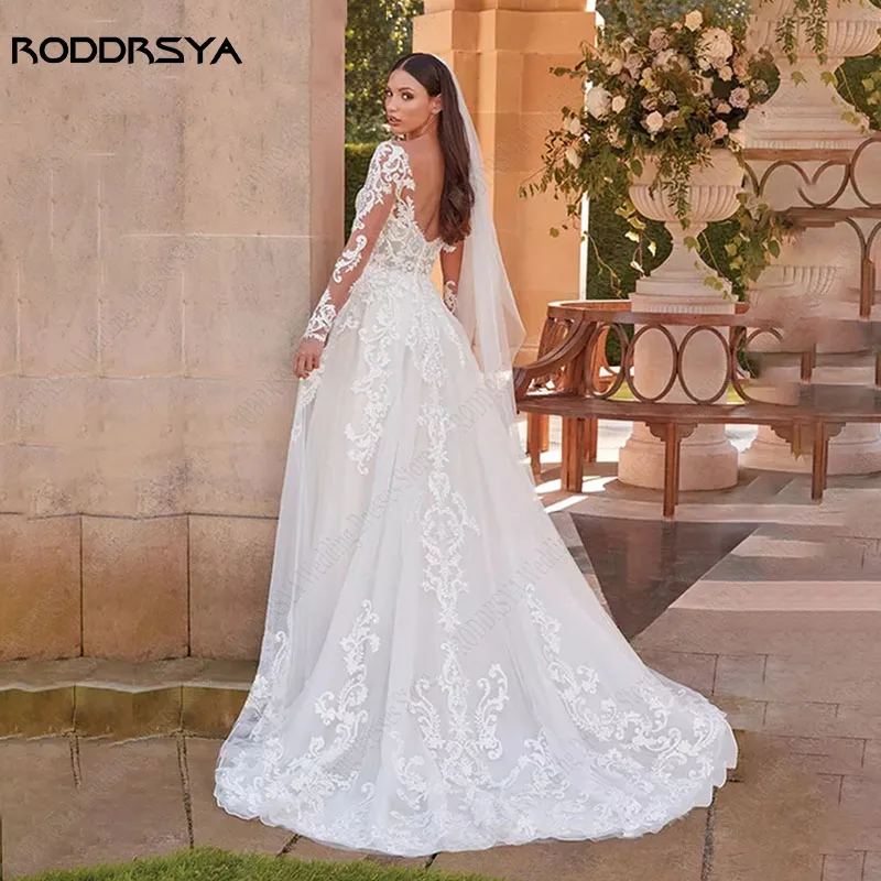 RODDRSYA-vestidos De novia con cuello redondo, apliques De botones, Espalda descubierta, encaje bohemio, manga larga, fiesta De novia vestidos De novia con cuello redondo, apliques De botones, Espalda descubierta, enca