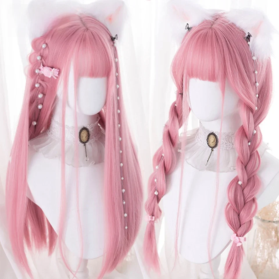 LM peruka do cosplay z grzywką syntetyczne proste włosy 24 cale długa żaroodporna różowa peruka dla kobiet — zdjęcie 2
