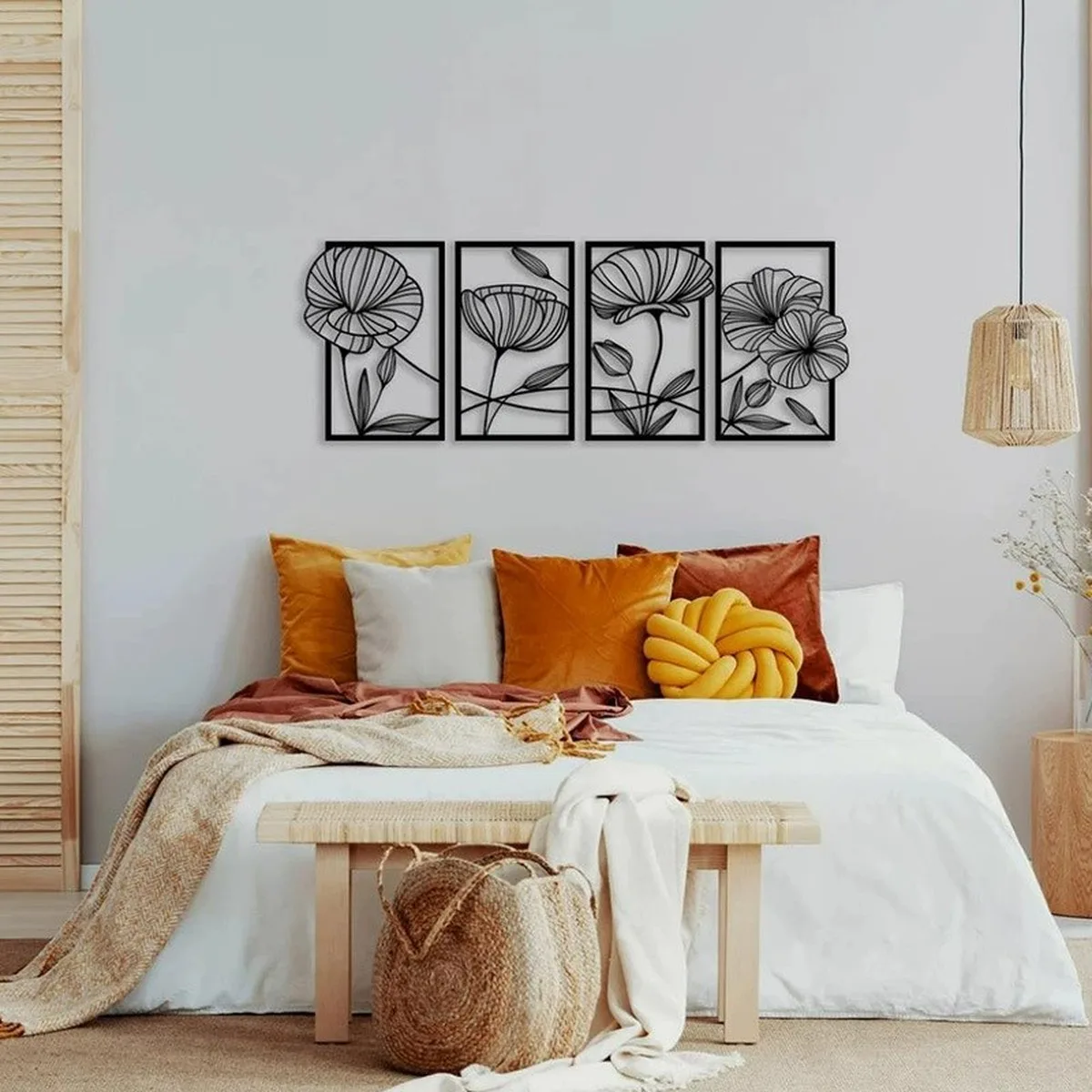 Lotus Flower Metal Wall Art 4 Panel Line Set Black White Gold Living Room Bedroom