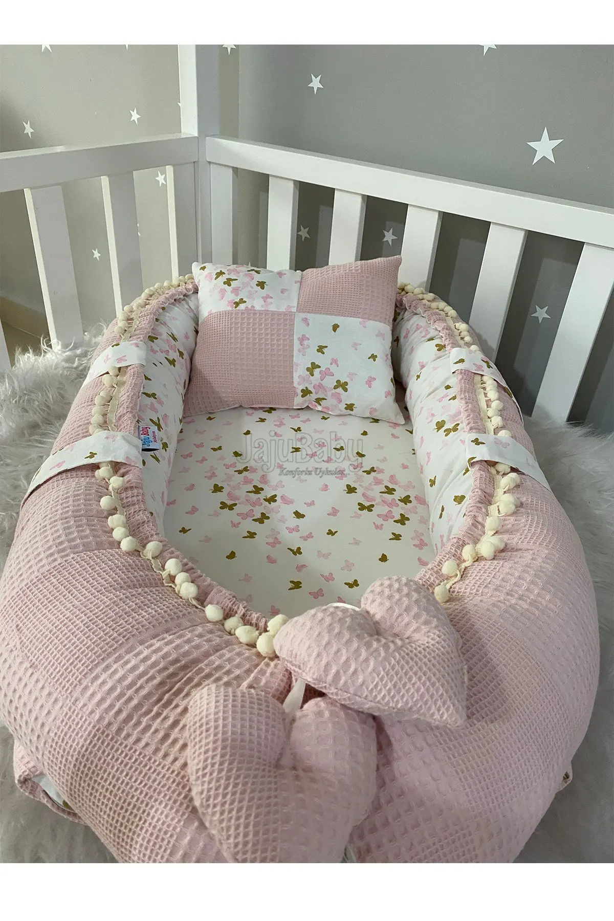 Handmade Powder Waffle Pique Fabric Butterfly Design with Pompom Babynest