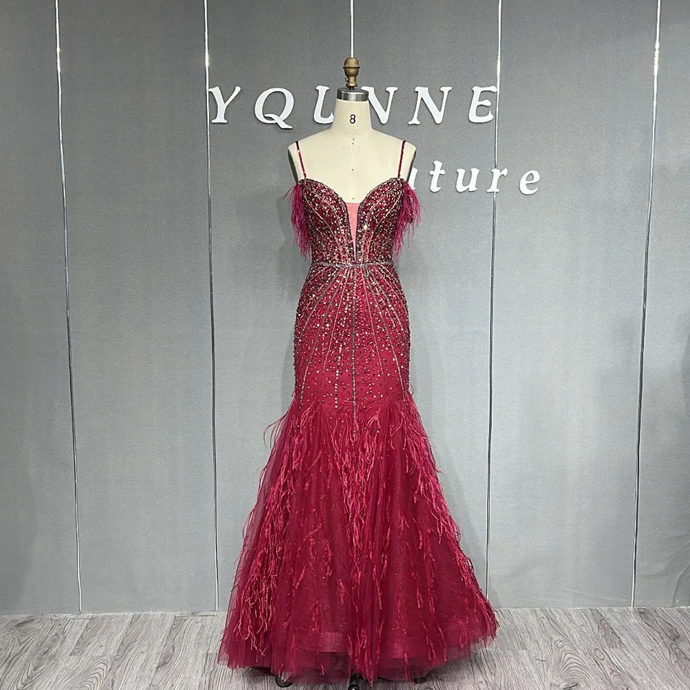 Fashion Burgundy Feathers Mermaid Evening Dresses Long Pageant Tulle Rhinestones Beaded Party Gown Competition Women