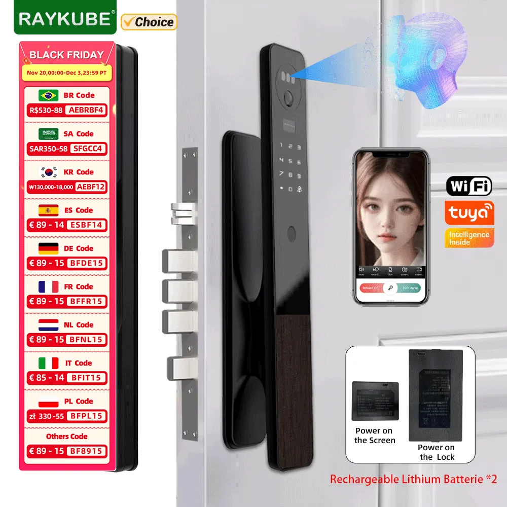 RAYKUBE MO Tuya WiFi 3D Face Recognition Digital Door Lock With 2*rechargeable batteries Wifi Camera Video Call Tuya APP Unlock