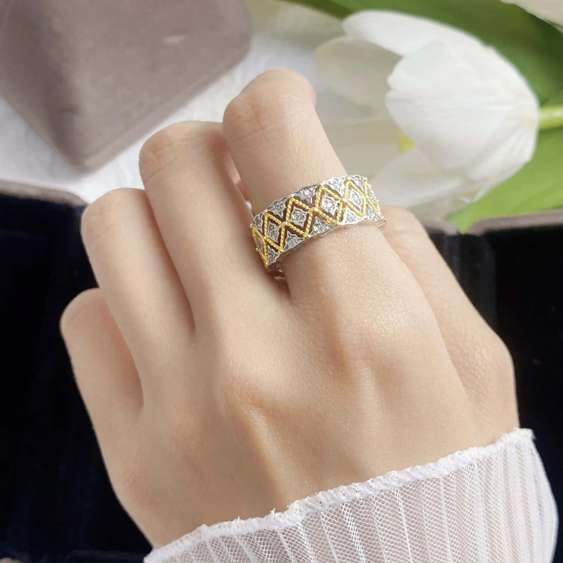 Fashion Milano luxury jewelry 925 sterling silver plated 18K hollow lace ring brushed craft women's ring gift free shipping