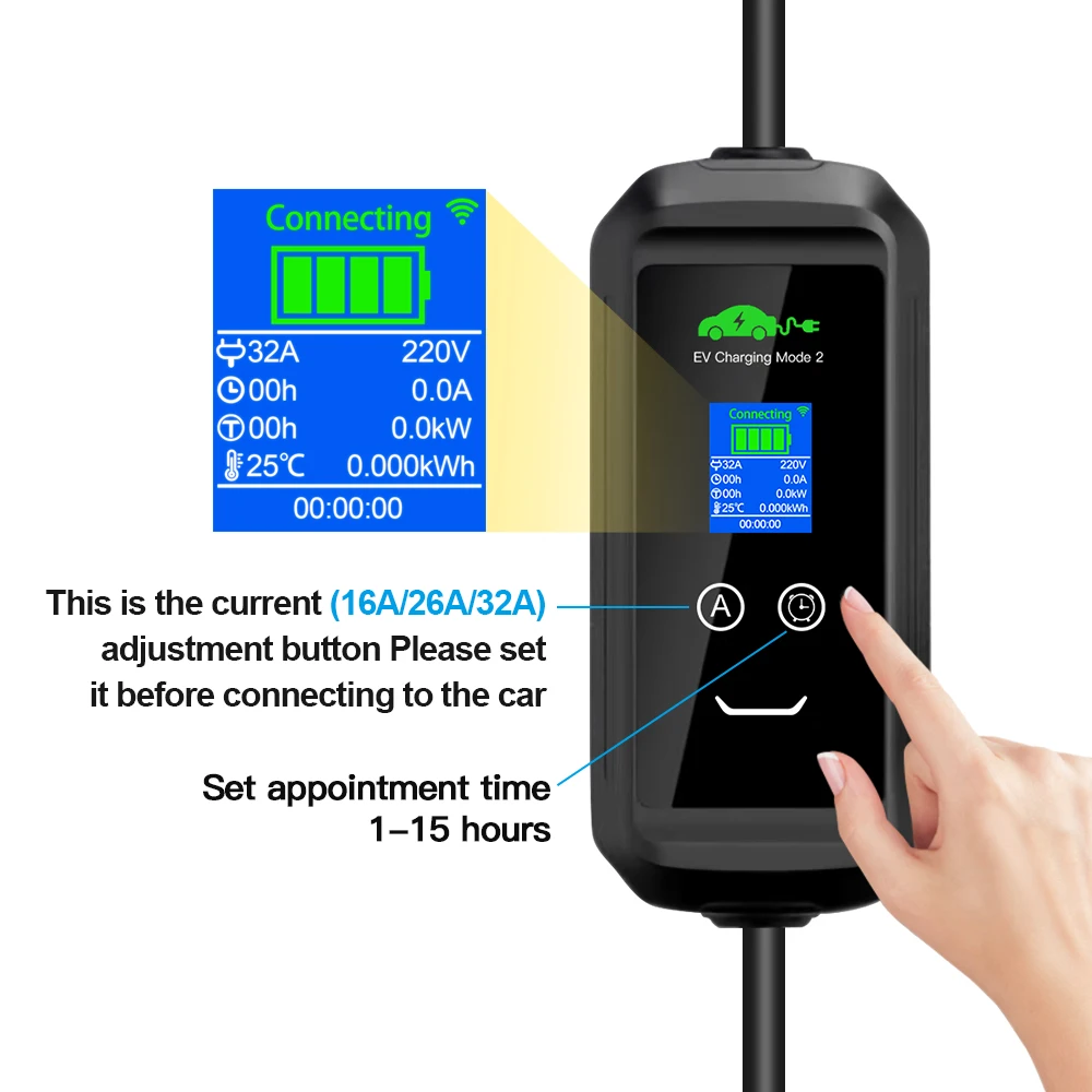 KOLANKY GB/T 32A 7.2KW EV Charger for Chinese Cars, 5m Portable IP66, APP Adjustable Current & Timer Delay