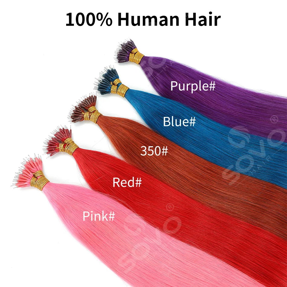 100% Remy Human Hair Nano Ring Extensions Straight Micro Bead Red Rings DIY No Glue Add Volume Highlights 14-26 Inch