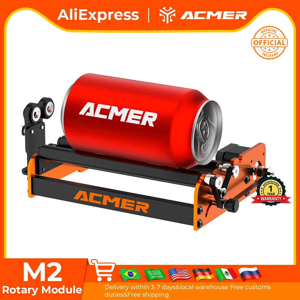 ACMER M2 レーザー ロータリー モジュール Y 軸ロータリー ローラー 360 °   レーザー彫刻機 円筒形ワイングラス、ボトル、瓶用角度調整可能