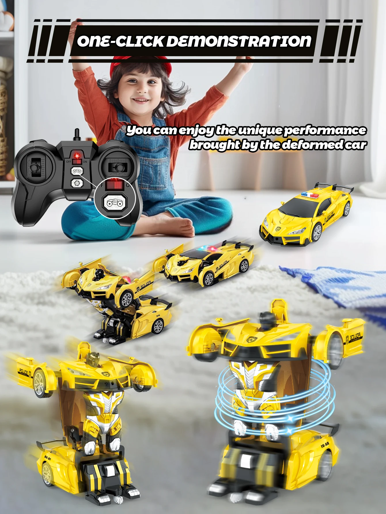 One-button transforming remote-controlled police car robot, 2.4GHz remote-controlled car, 360-degree rotation with lights, ideal