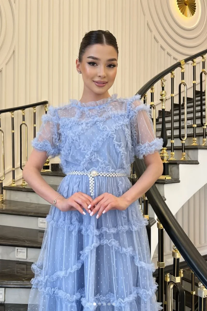 Gaun Prom Biru Langit Annie Gaun Malam Tepi Melengkung Tulle Gelang Kaki Mutiara Buatan Tangan Gaun Pesta Pernikahan Wanita A-line