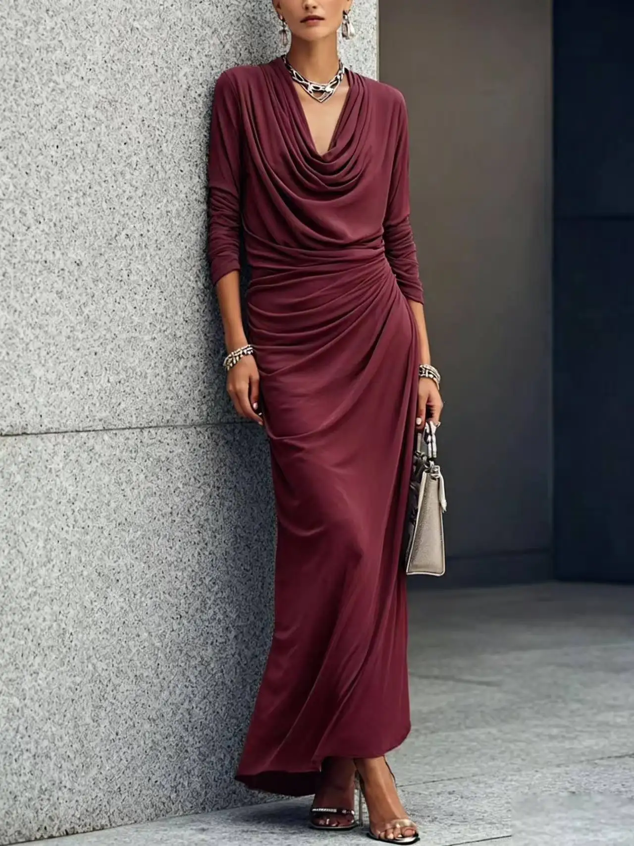 Damen Burgunder Maxikleid Langarm Wasserfallausschnitt Gerafftes Bodycon-Kleid Elegantes Abendkleid Schlanke Passform Herbst-Winter-Mode – Detail 3