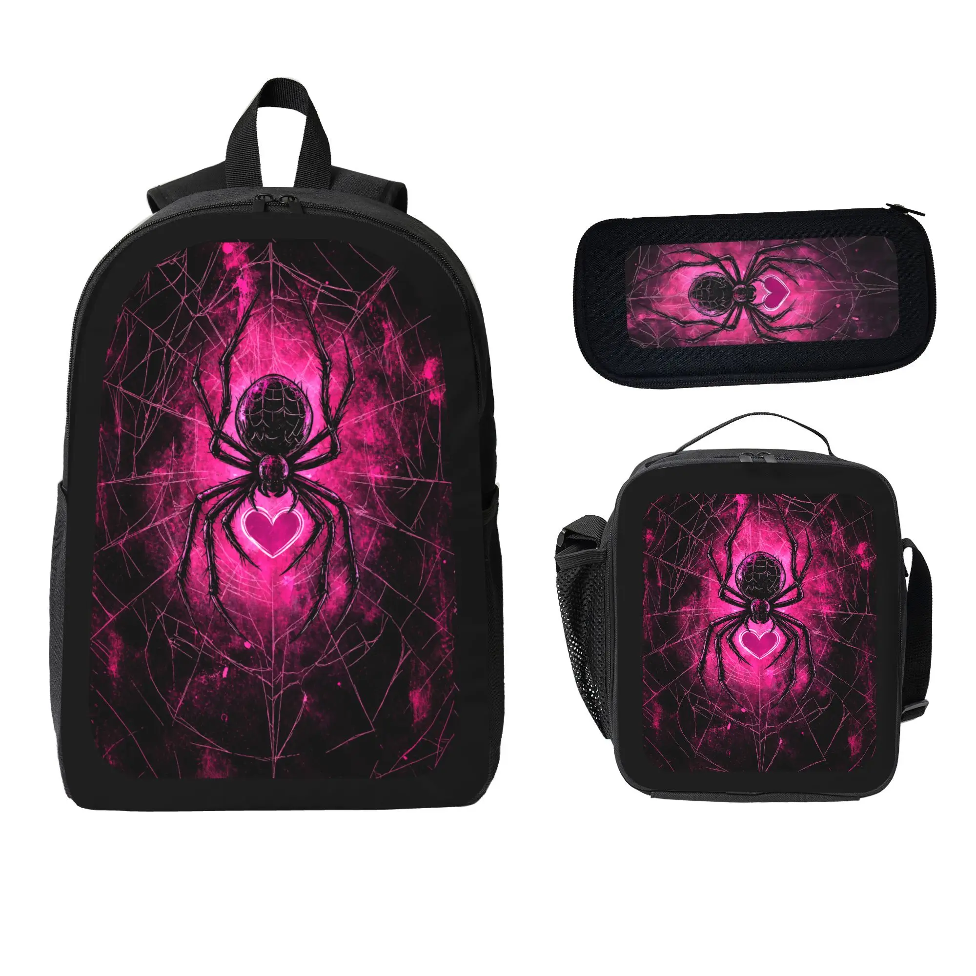 3Pcs Gothic Spider Heart Print Backpack Set with Matching Lunch Bag And Pencil Case for Teens Black-Pink Back to School Essential Ideal Birthday Gift
