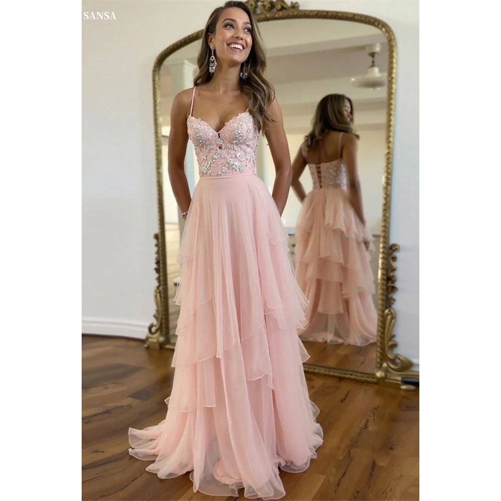 

Sansa индивидуальный розовый трапециевидной формы с блестками и аппликациями, корсет, платья для выпускного вечера, плиссированные бретели, Vestidos De Noche, длиной до пола, торжественный вечер