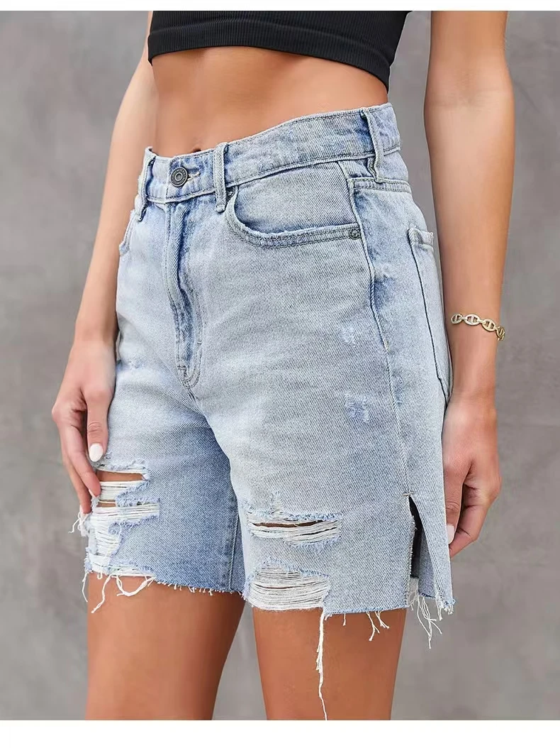 Summer High Elasticity Tear Shorts Street Trend Slit Denim Jeans Breathable Comfortable Casual  Waist  midShort Pants