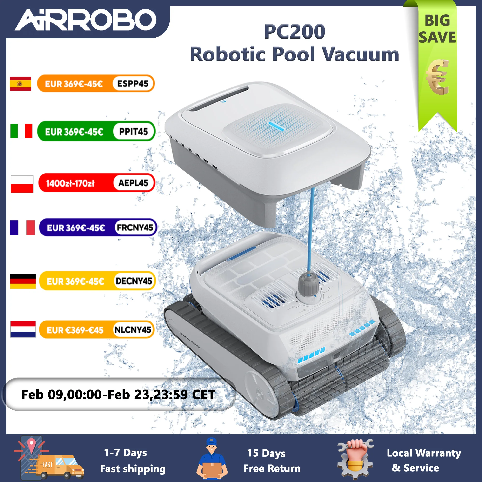 AIRROBO PC200 Robotic Pool Cleaner Smart NaviClean Tech Auto Wall Climbing Pool Vacuum with 4L Filter Auto Return for Pools