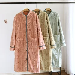 2024 New Autumn and Winter Women's Nightgown Flannel Sweet and Cute Bathrobe Women's Nightdress Stand Collar Button Home Dress