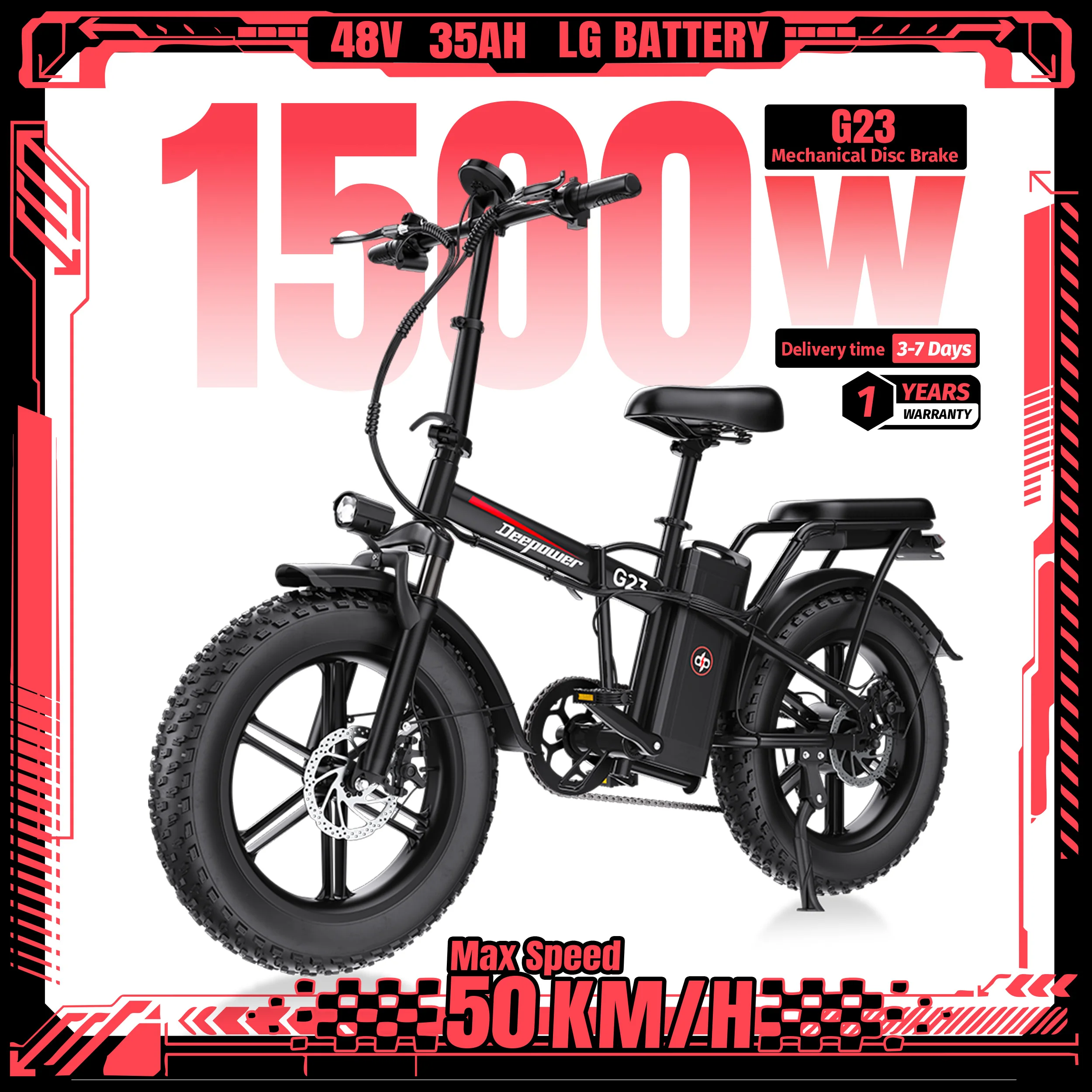 DEEPOWER G23 1500W Electric Bike 48V 35Ah Foldable 20 Inch Fat Tire Ebike 50km/h Disc Brake Off-Road Adult Electric Bicycle