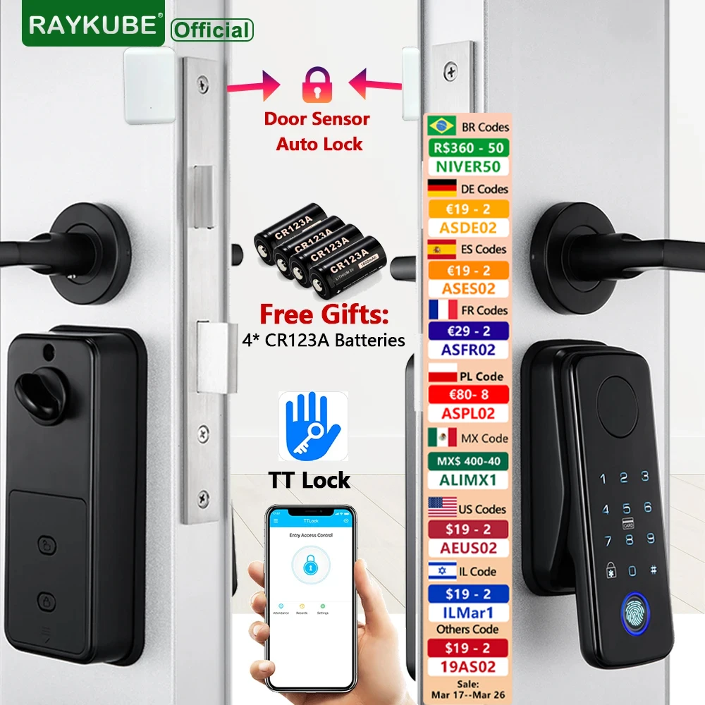 RAYKUBE N1 TT Lock Auto Smart Vingerafdrukslotset met handvat/deursensor APP Ontgrendeling op afstand Eenvoudig te installeren Geen ponsen Geen bedrading