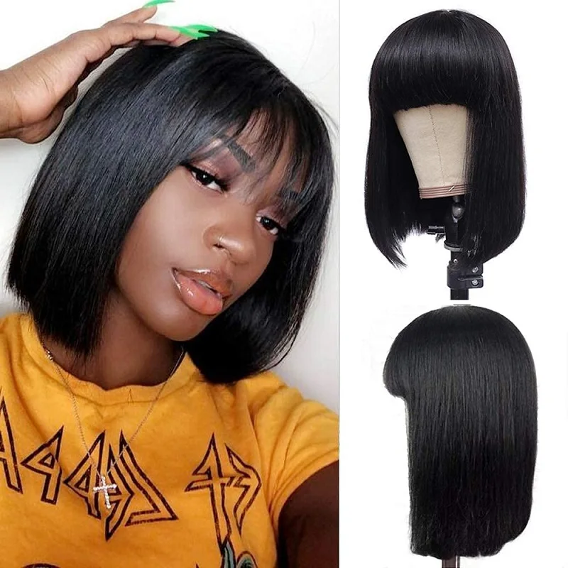 Alimice Short Straight Bob Blunt Cut Wig With Bangs Full Machine Made Bob Wigs Glueless Wigs For Women