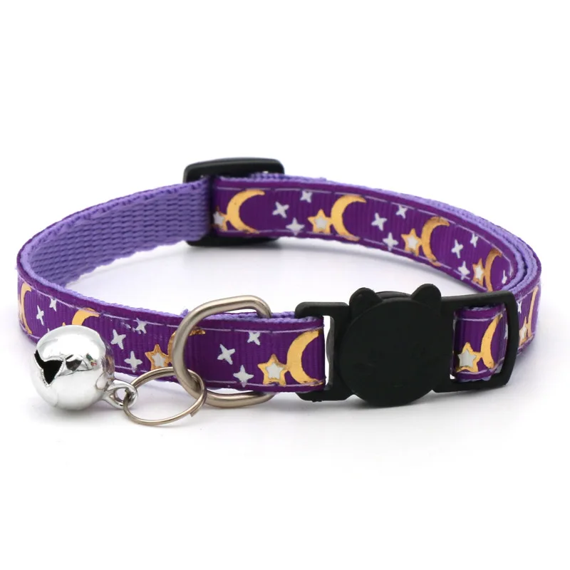 Gold Stars and Moon Cat Collar with Reflective Safety Buckle and Bell