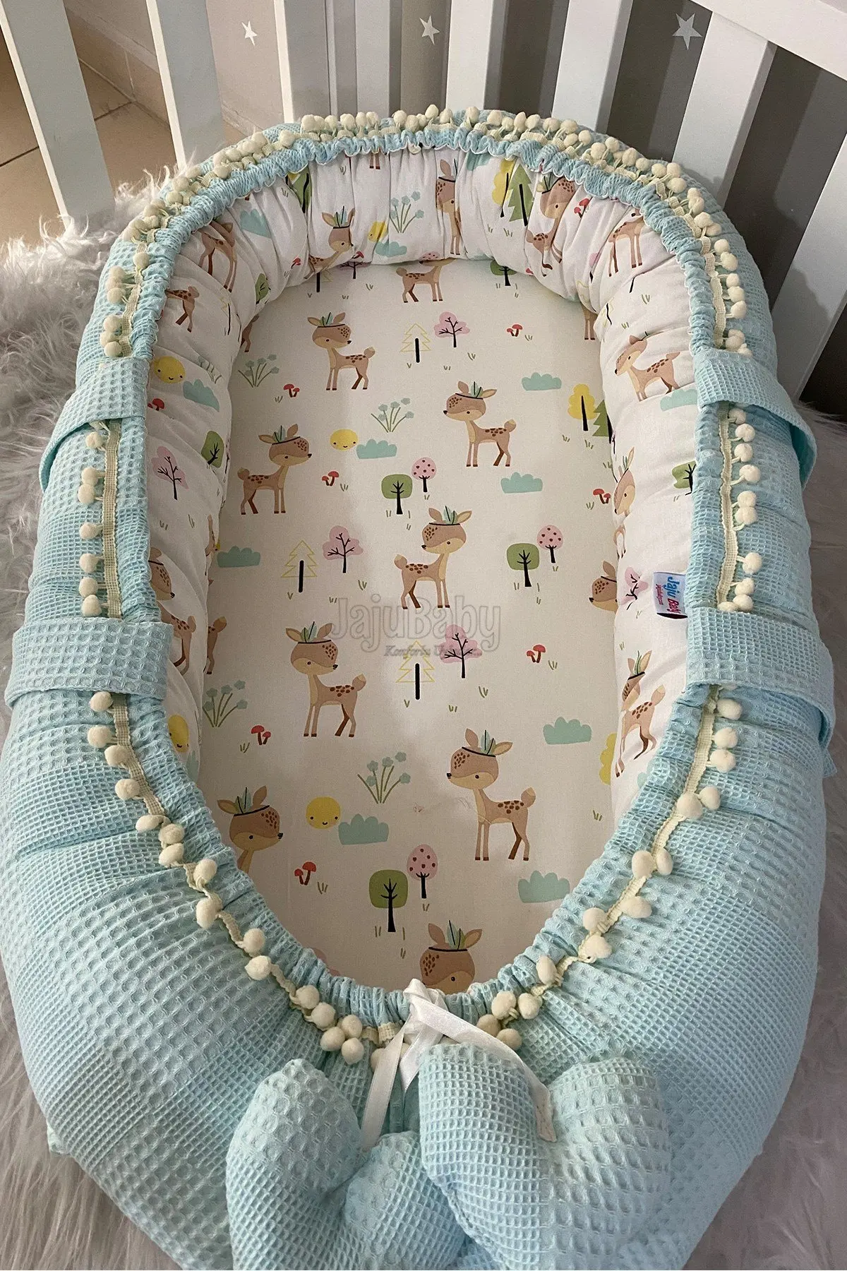 Handmade Blue Waffle Pique Fabric with Deer Design Pompom Babynest