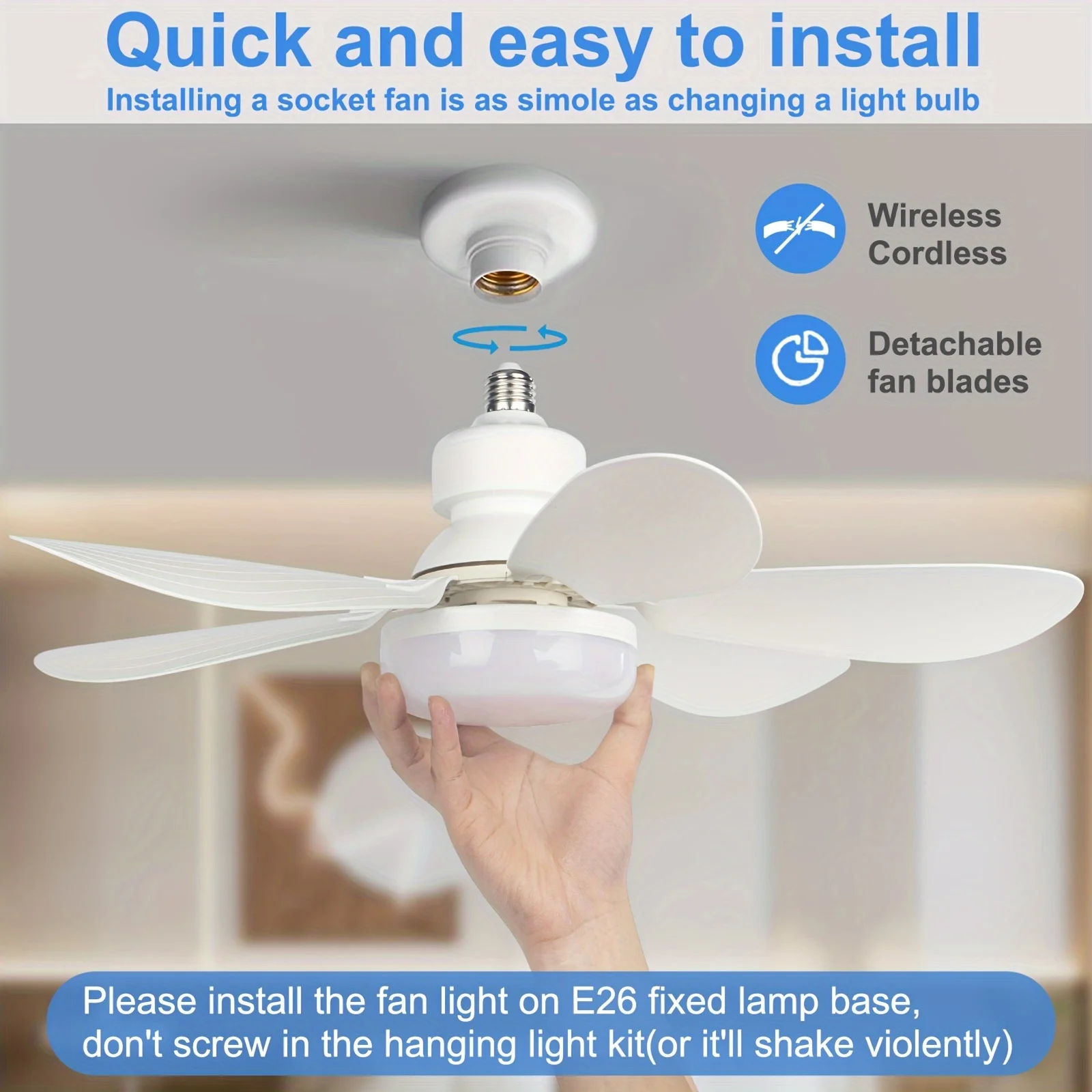 Socket Fan Light, 20.5in Small Ceiling Fan with LED, E26/27 Cordless Light Screw Fan for Kitchen Bedroom, Small Room