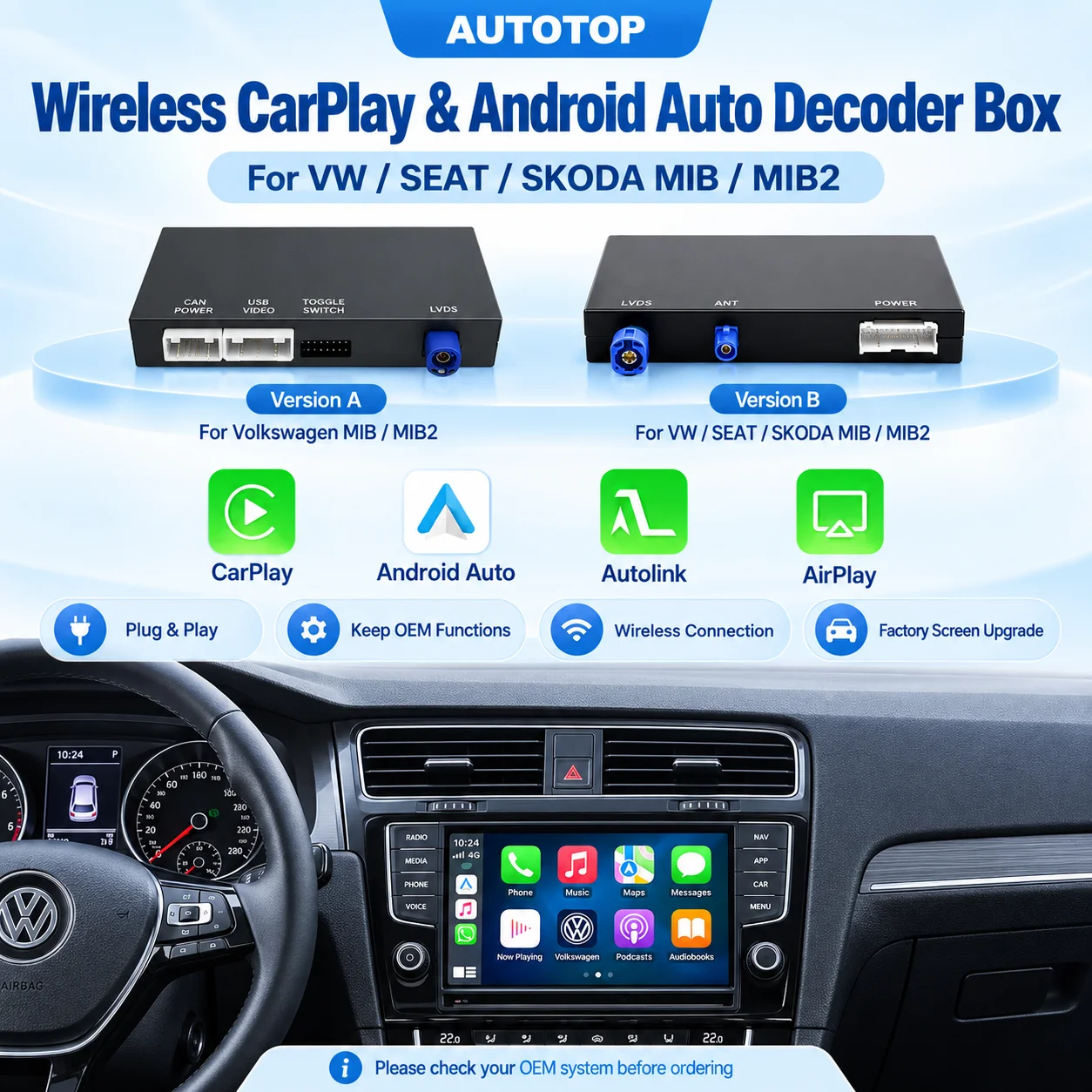 Modulo AUTOTOP Wireless CarPlay Android Auto per VW Volkswagen Skoda Octavia A5 Superb SEAT Leon MIB MB2 Ibiza Golf 7GTI Passat B8 Tiguan T-Roc Touran Polo T-Cross Arteon Kodiaq AirPlay MirrorLink