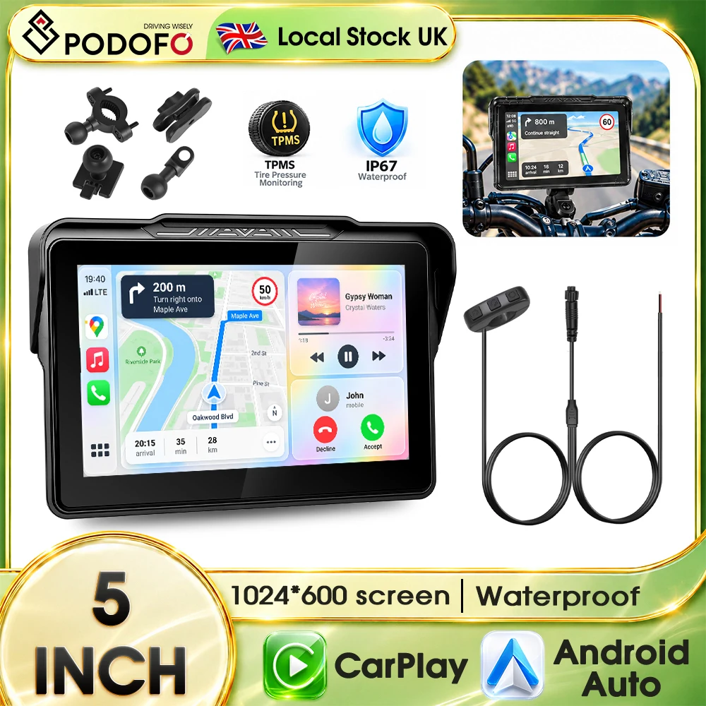 PODOFO 5-Inch CarPlay Portable Multimedia Player IP67 Waterproof