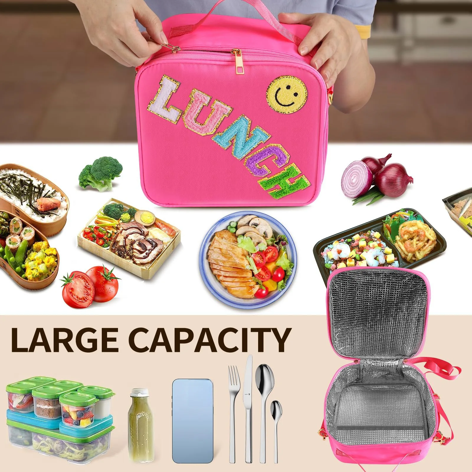 Borsa per il pranzo con stampo in alluminio isolante in Nylon impermeabile borsa per il pranzo portatile con faccina sorridente per Picnic