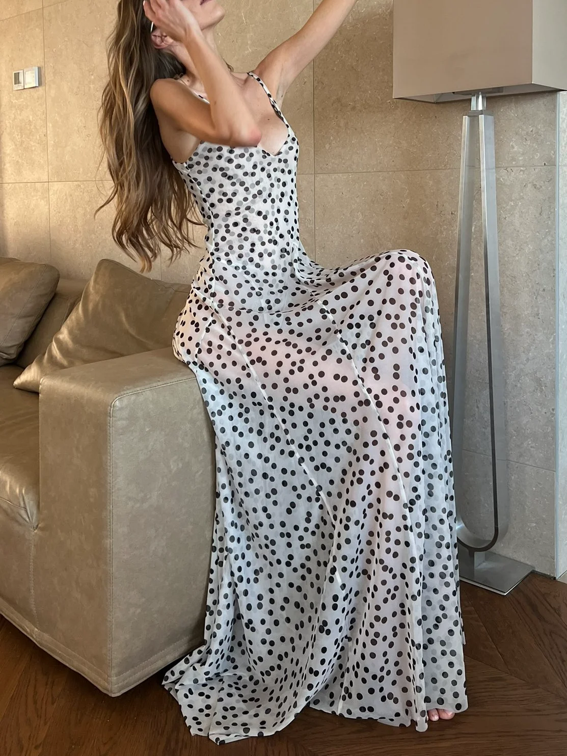 Women's Fashion Sexy V-neck Polka Dot Slim Suspender Long Dress Female Temperament Simple Backless Hem High Slit Party Dress