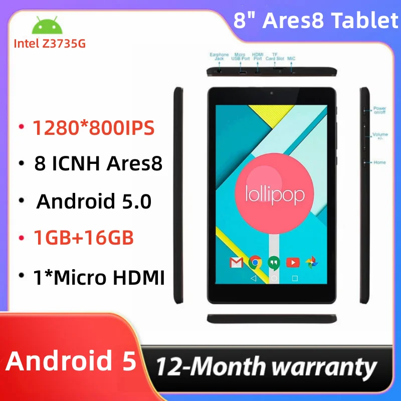 HDMI-Port 8 "Android 5.0 Tablet Intel Atom CPU Z3735G رباعي النواة 1280*800IPS 1GBAM 16GB ROM كاميرات مزدوجة