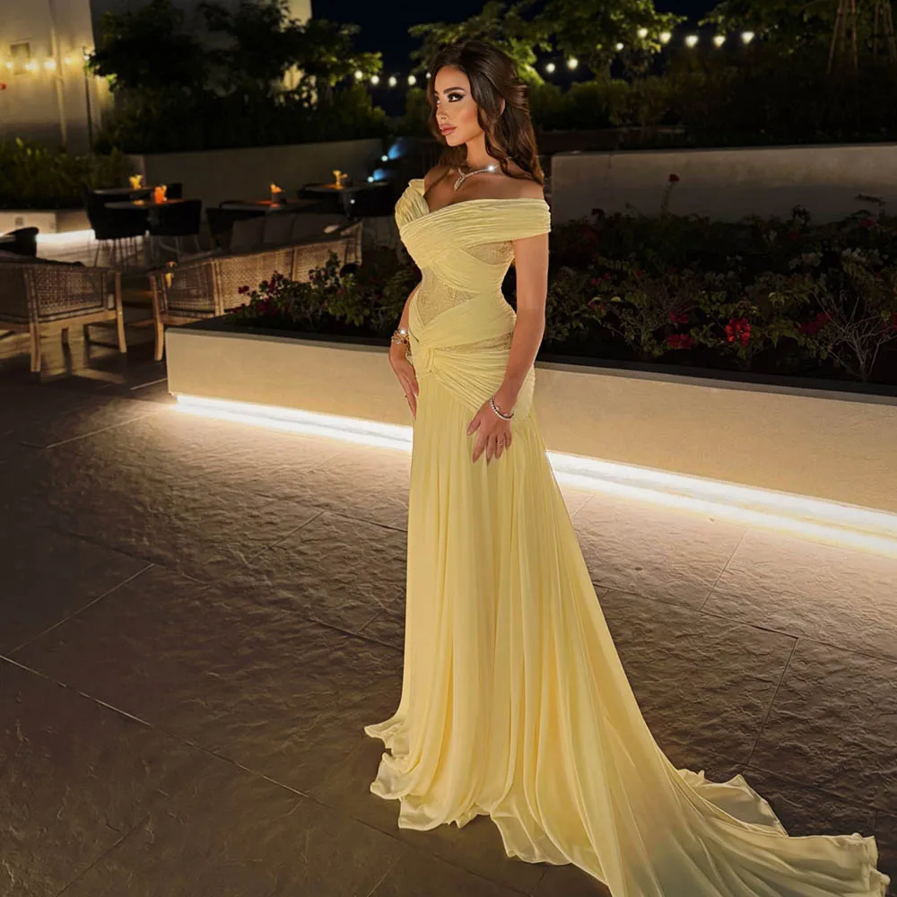 Galarity Maßgeschneidertes Gelbes Schulterfreies Formelles Abendkleid 2026 Gerüschtes Chiffon-Paillettenkleid Langes Ballkleid Elegantes Partykleid