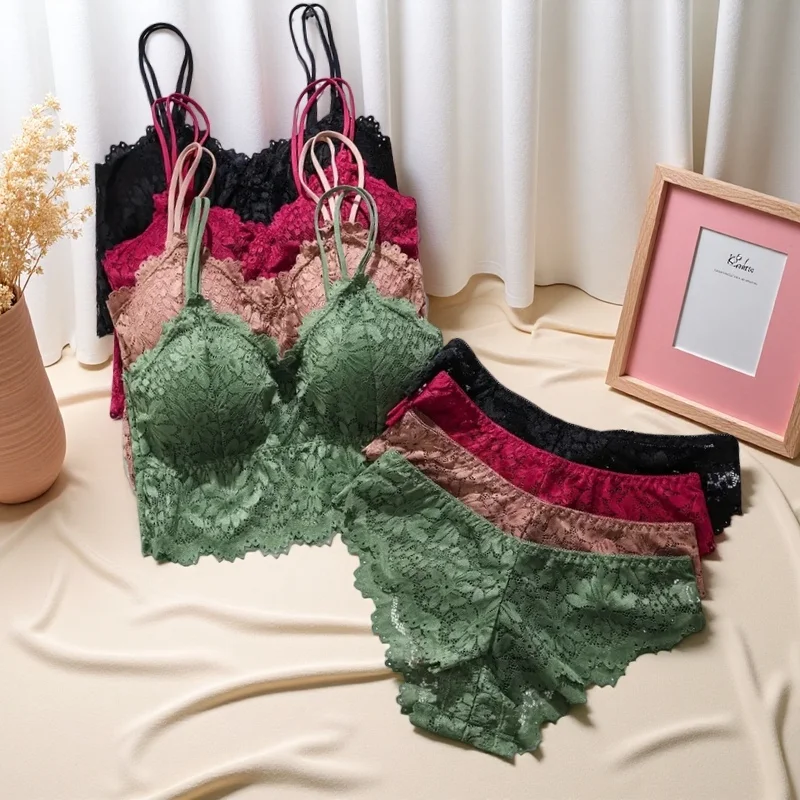 

4pcs Women'S Sexy Lace Bra & Panty Set, Breathable & Comfortable, Removable Bra, Stretchy Lingerie Set