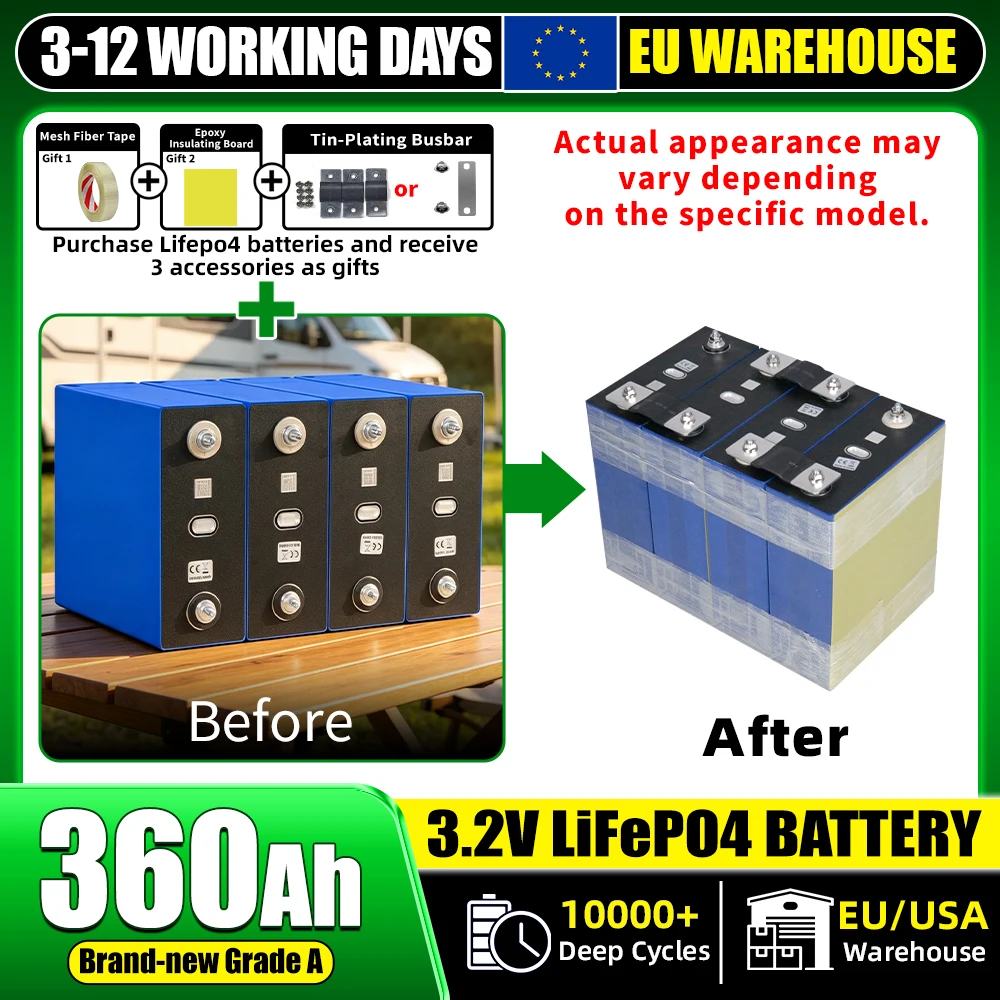 Batterie Lifepo4 de qualité supérieure 3,2 V 360 Ah, cellule rechargeable au phosphate de fer et de lithium avec 3 accessoires offerts pour système de stockage d'énergie solaire hors réseau pour la maison