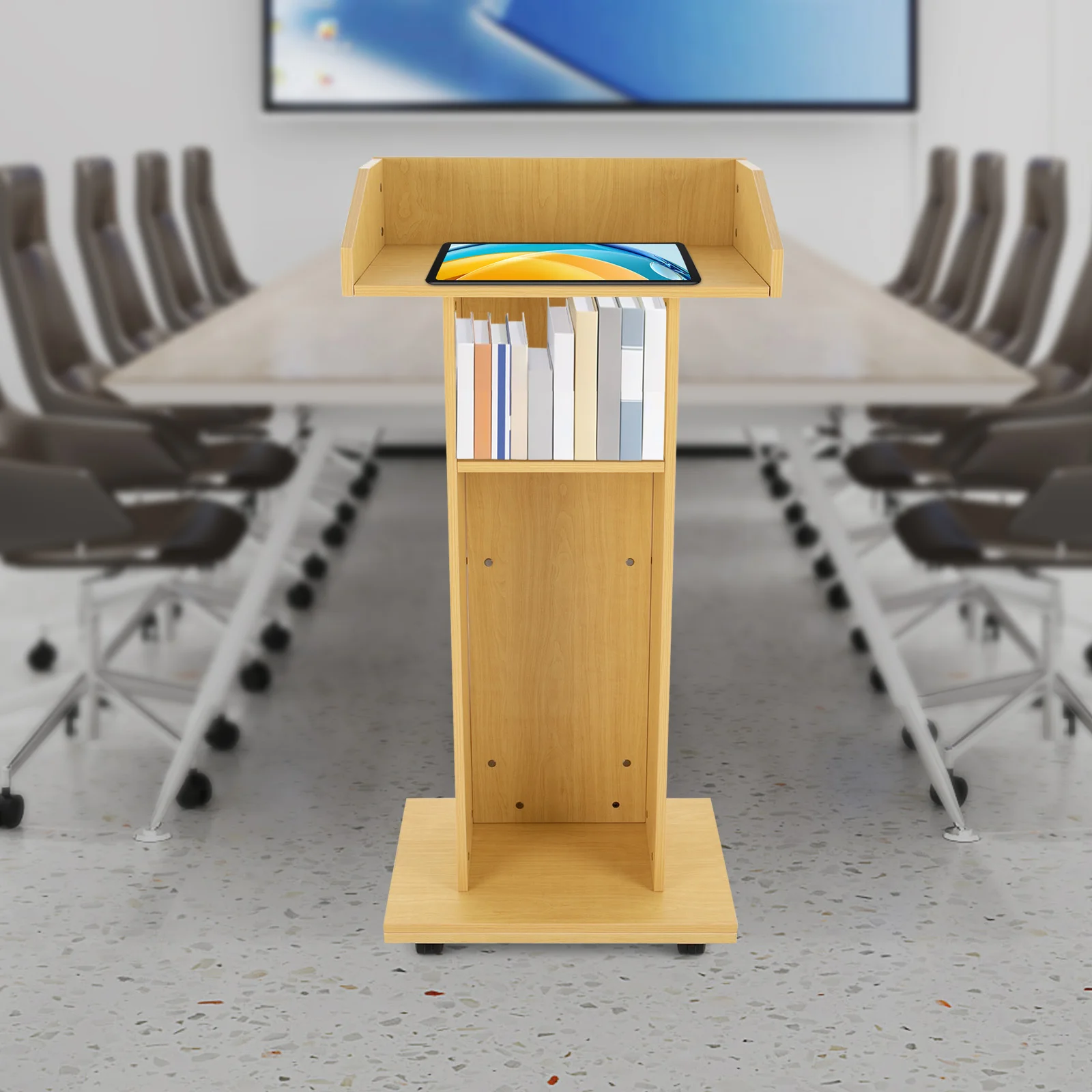 4 Wheels Oak Conference Presentation Stand, Portable Presentation Standing For Classroom, Movable Desk For Classroom Church,Total Load-bearing Capacity 30kg