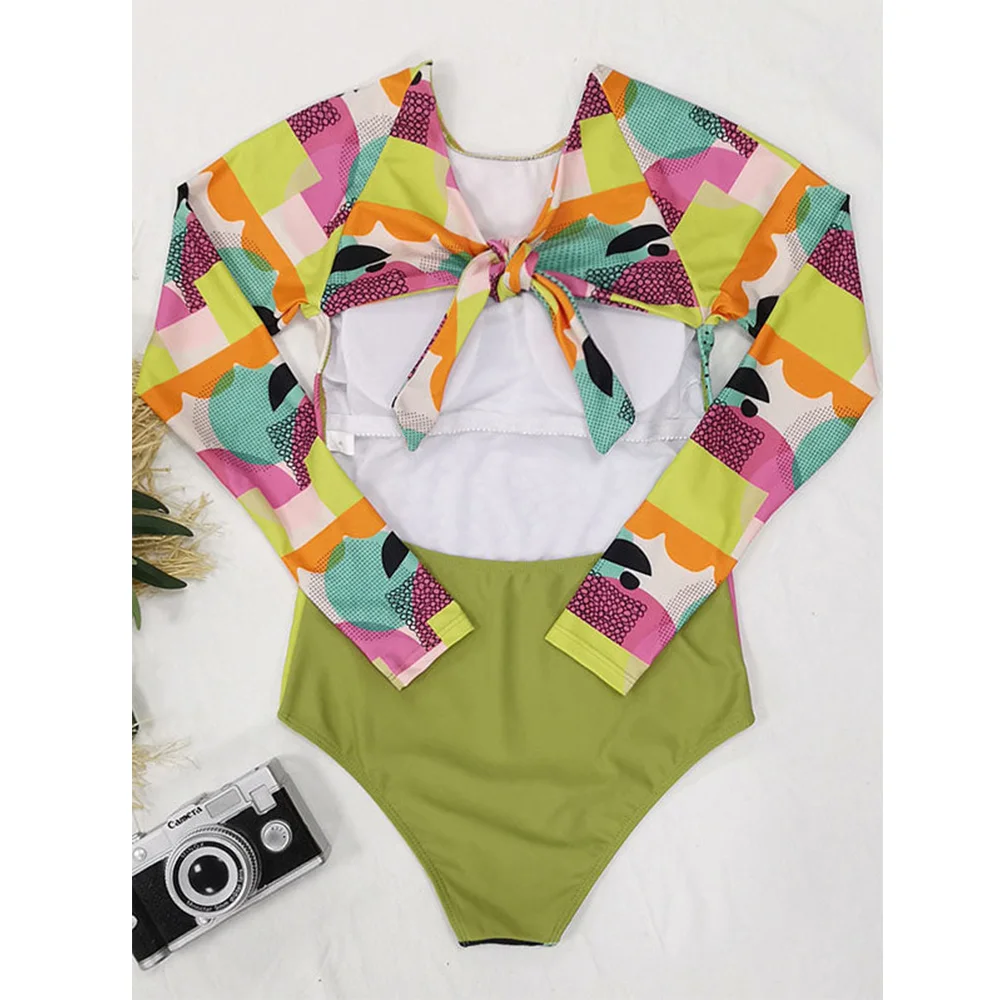 Abstract Print Long Sleeve Backless Wetsuit Women\'s Summer Swiming Suit 2022 Luxury Swimwear Patchwork Monokini Sexy