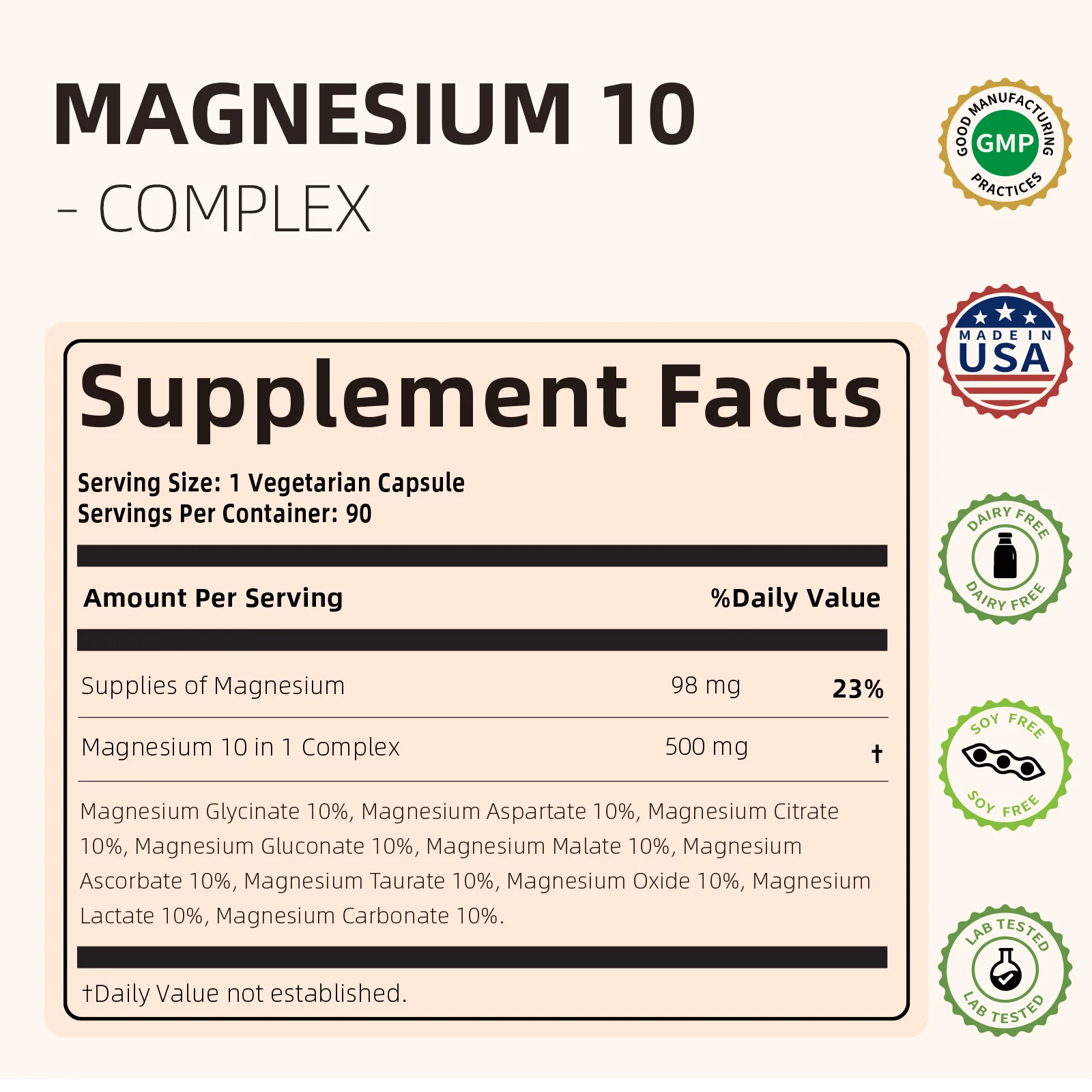 HappieVita MagMax10 Magnesium Complex Supplement 500mg, 10 Forms of Magnesium: Glycinate, Malate, Citrate and More - Maximized A