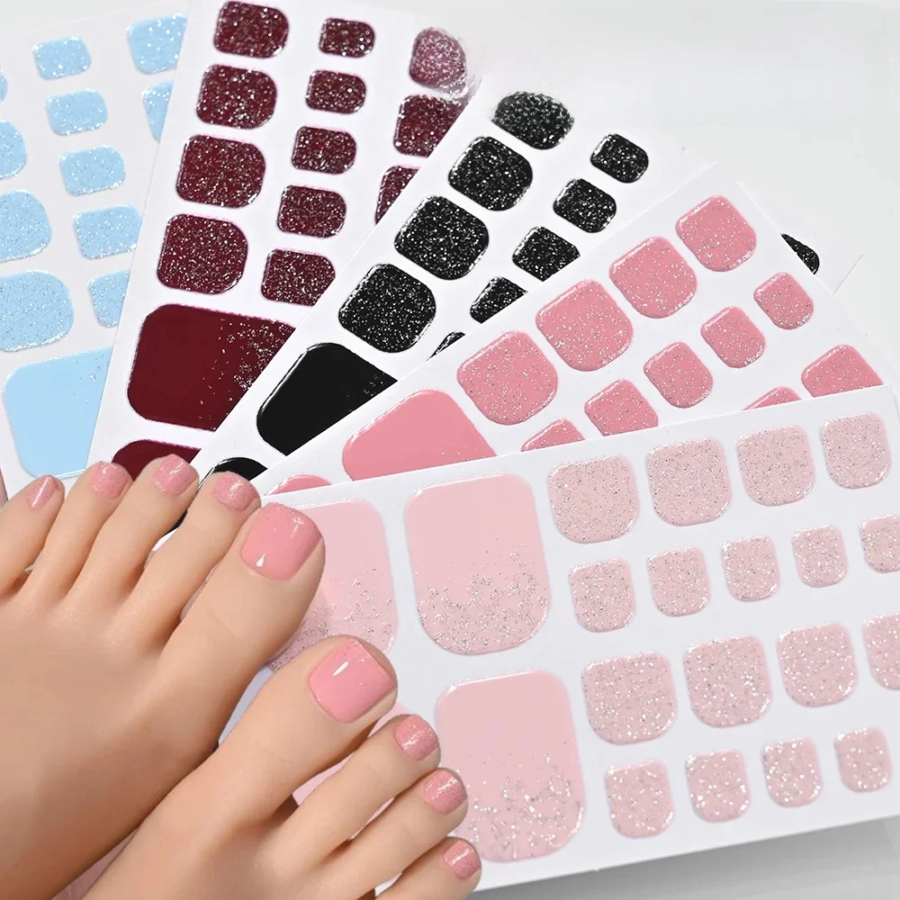 5 feuilles/110 pointes été paillettes orteil ongles autocollants couverture complète ongles enveloppes couleur unie adhésif ongles décalcomanies pour les femmes bricolage pied et