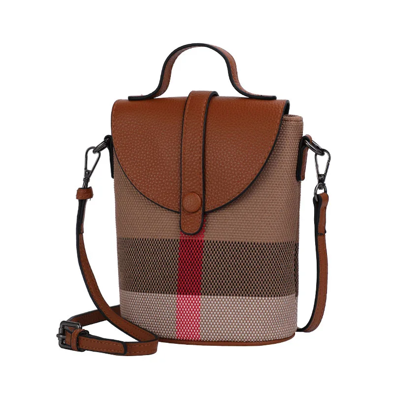 Mobile phone bag, crossbody women's bag, 2025 new canvas with leather mini bag, high-end foreign style checked bag