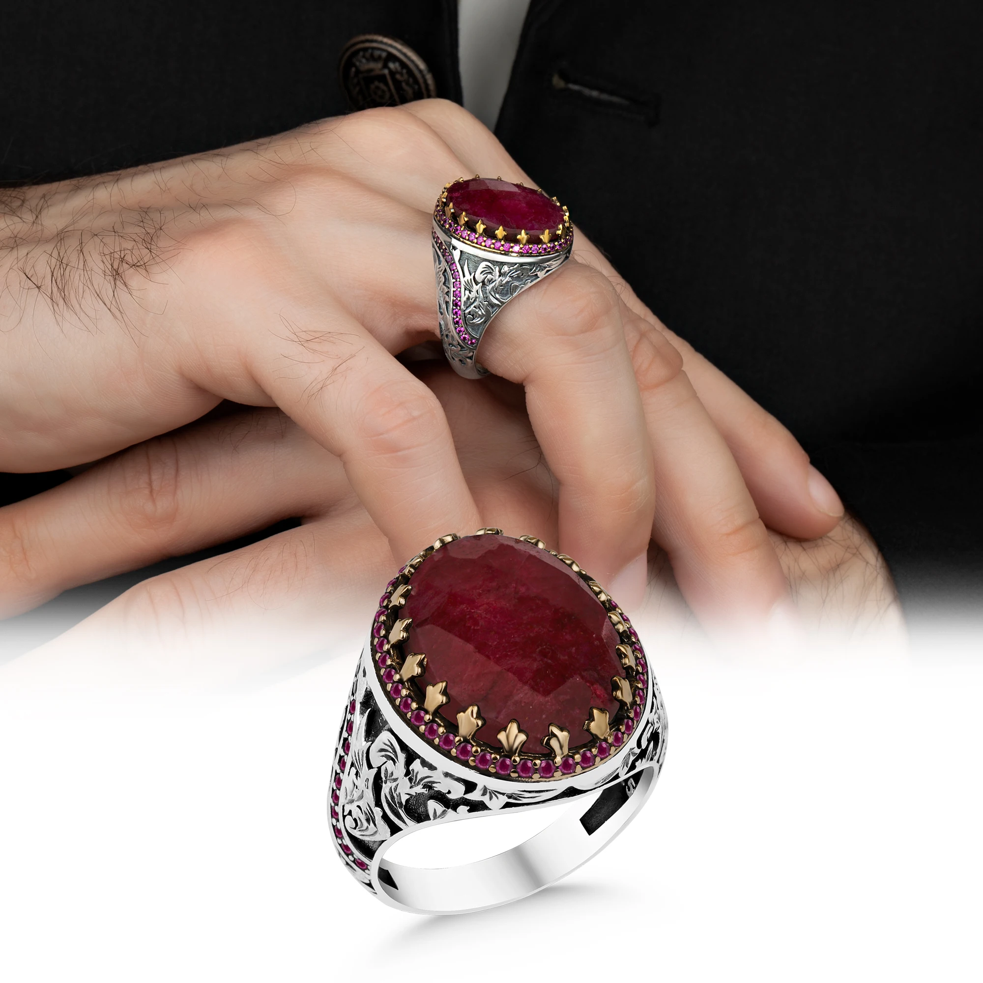 Natural Root Ruby and Root Emerald Stone Ring For Men Pure 925 Sterling Silver Turkish Style Special Design Retro Unisex Handmade High quality Trend Jewelry Fashion Vintage Gift Accessory