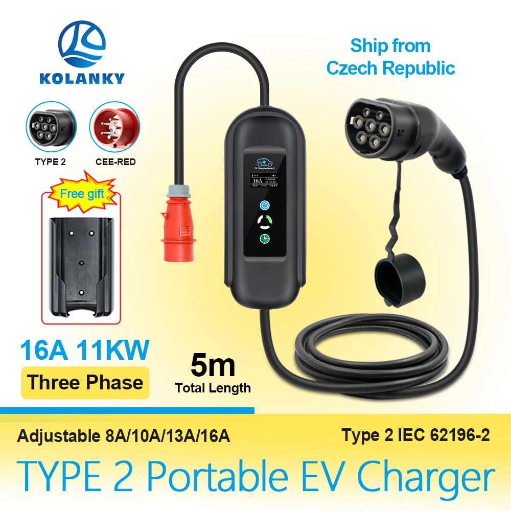 

Kolanky Portable EV Charger 8/10/13/16A 3P 11KW Type 2 EV Wallbox Charger IEC-62169 Charging For Eletric Vehicle Hybrid Cars 5M