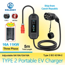 Kolanky 휴대용 EV 충전기, IEC-62169 충전, 전기 자동차 하이브리드 자동차, 5M, 8, 10, 13, 16A, 3P, 11KW 타입 2 EV 월박스 충전기