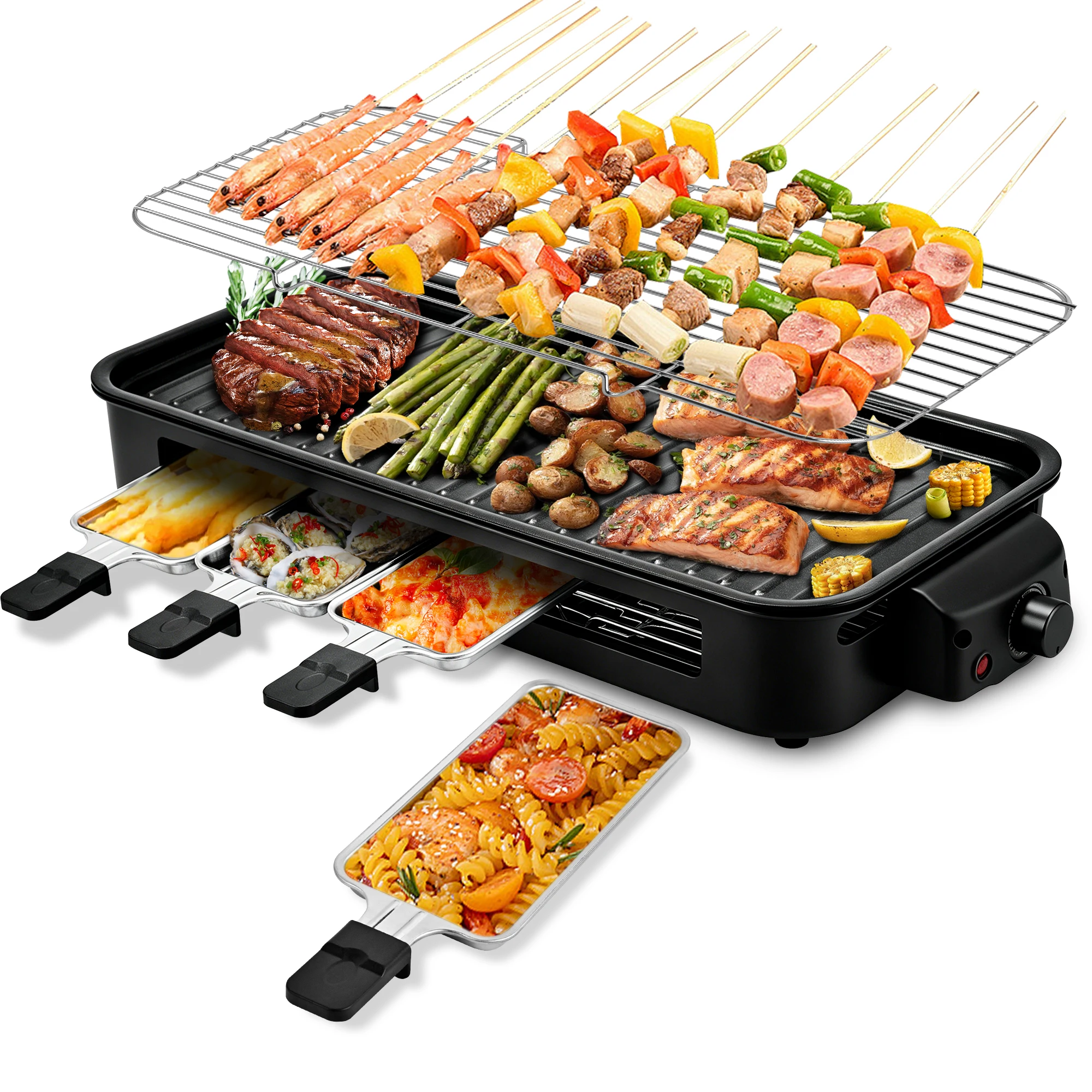 Raclette Grill Table - 電気ラクレットテーブルグリル、取り外し可能なラクレットパン4個付き、屋内BBQグリル、焦げ付き防止表面、温度調節機能付き、家族の集まりやパーティーに最適、USプラグ