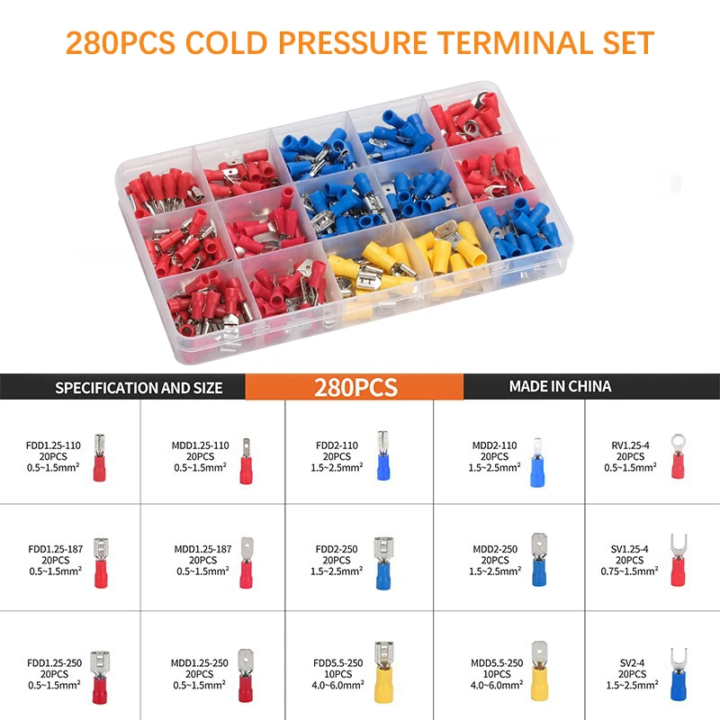 

280 шт. изолированное обжимное кольцо для кабеля, клемма холодного давления, автомобильный набор инструментов, ручной инструмент для зачистки проводов, ассорти, комплект