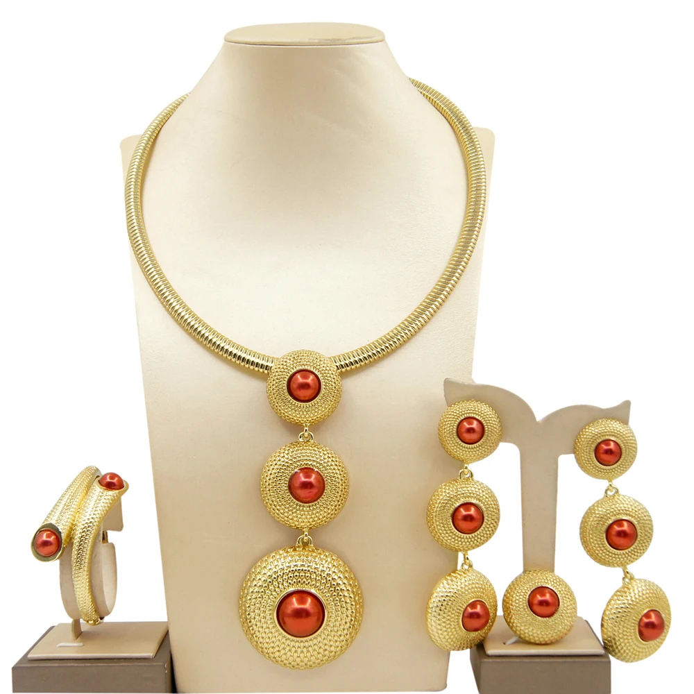 Fashion Women Necklace Jewelry Set Round Pendant Italian Gold Plated Earrings Necklace Party Woman Gift