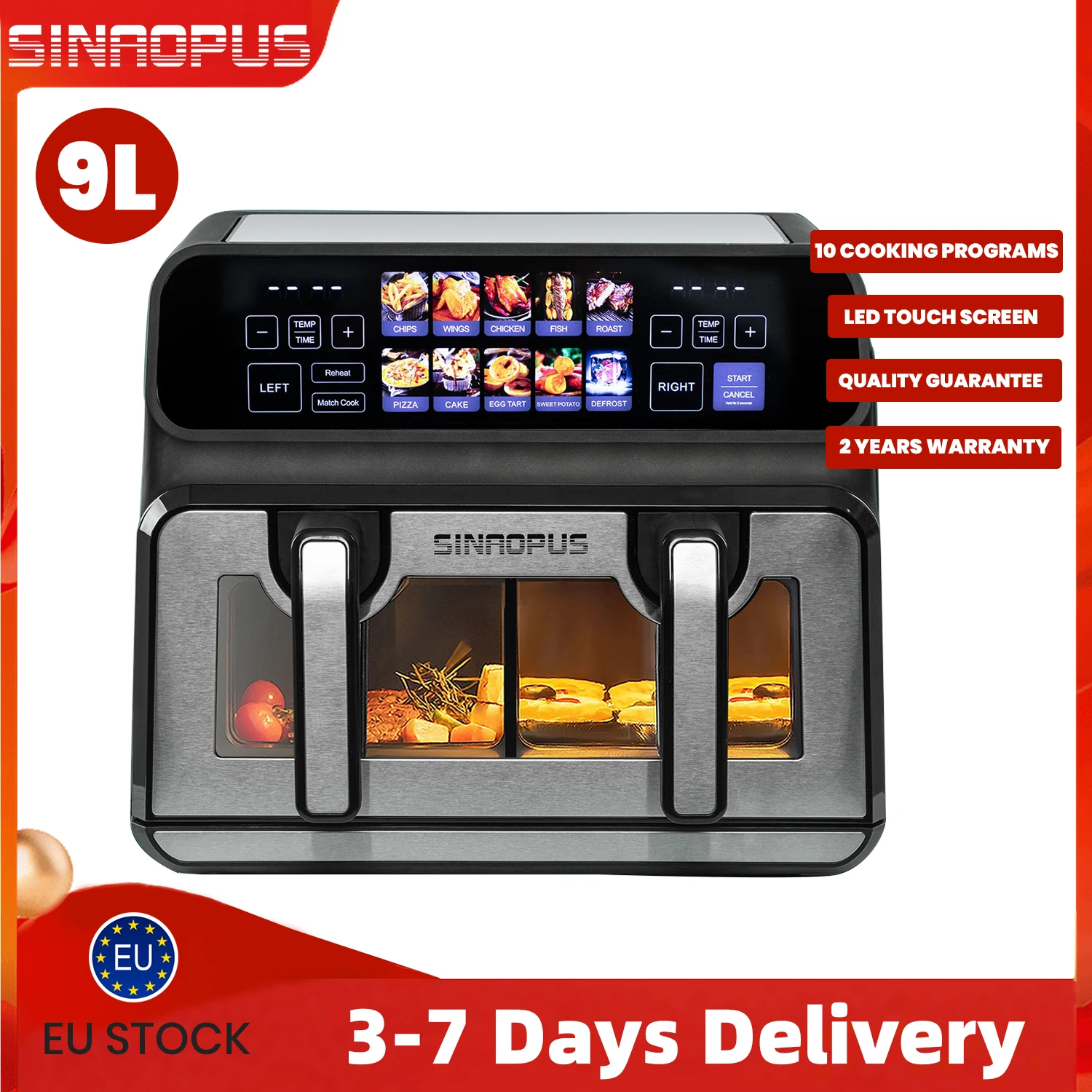 Friteuse à air chaud 2200 W double panier 9 L friteuses à air multifonctions avec écran tactile LED programmes automatiques chronoméables, format four familial